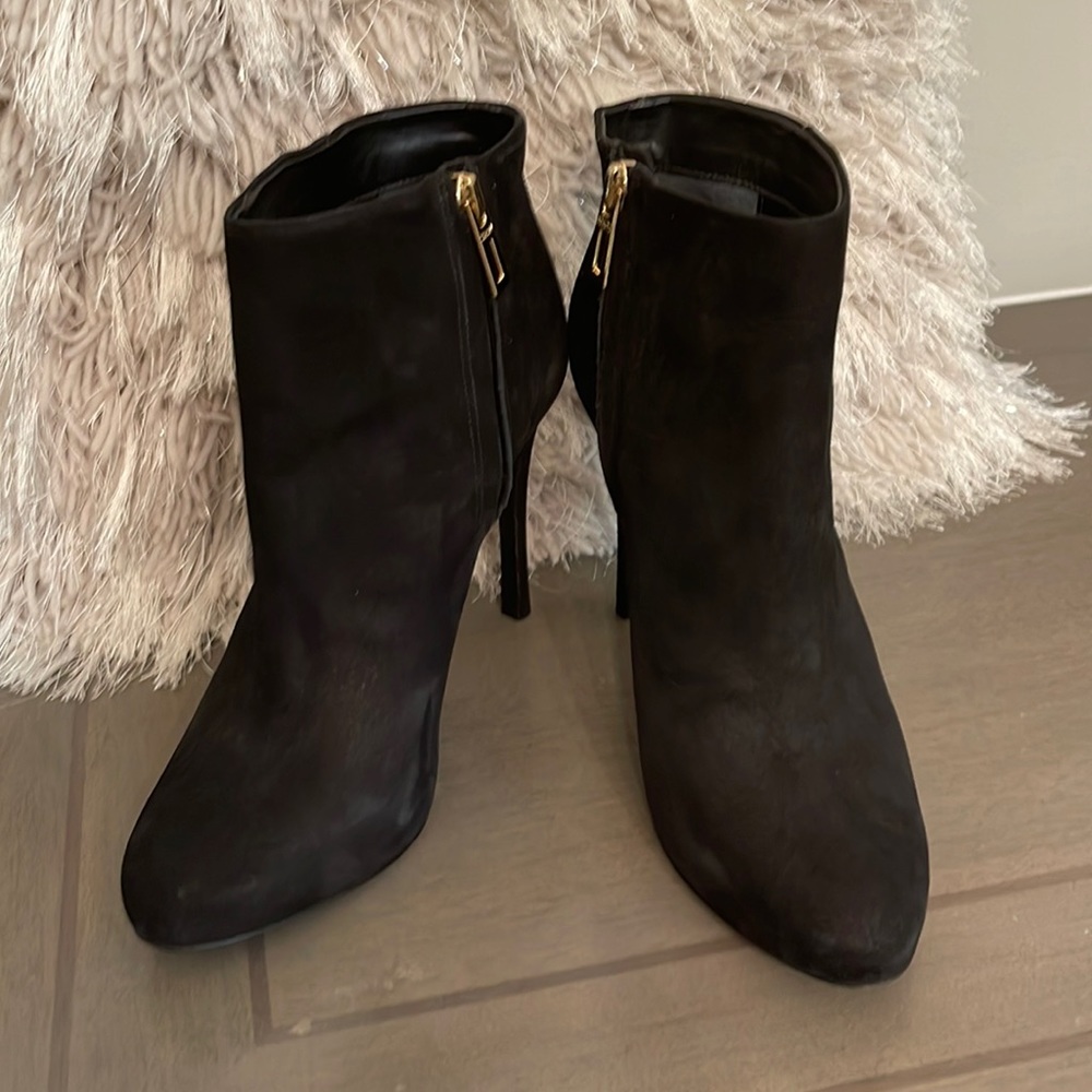 Schutz Suede Black High Heel Booties Size 40 - image 1